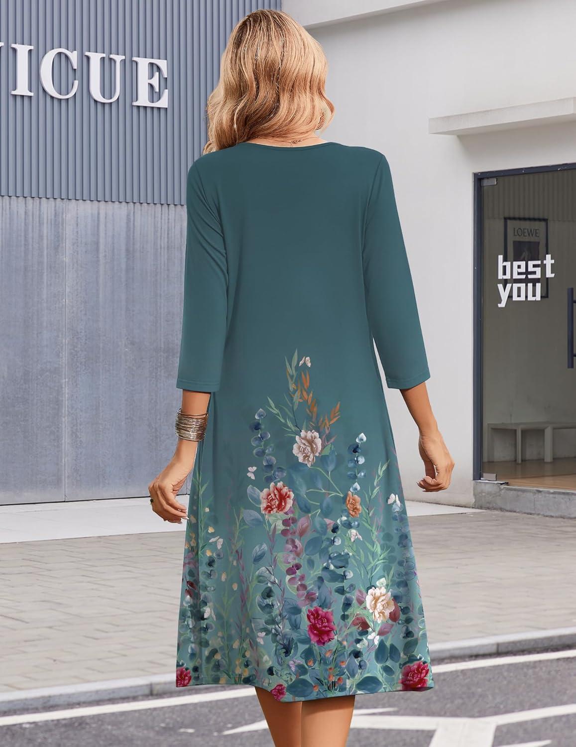 imageZeagoo Summer Dresses for Women 2026 34 Sleeve Womens Dress Casual Midi Tshirt Dresses with Pockets SemiFormal SundressGreen Grey