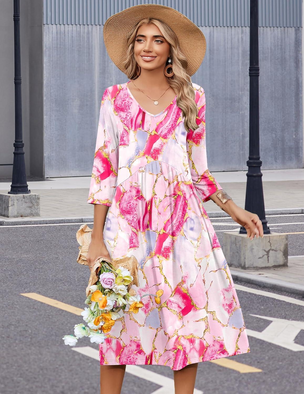 imageZeagoo Summer Dresses for Women 2026 34 Sleeve Womens Dress Casual Midi Tshirt Dresses with Pockets SemiFormal SundressPink