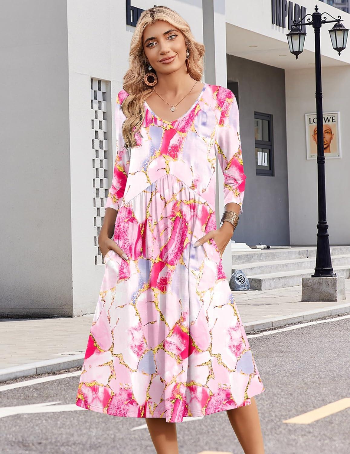 imageZeagoo Summer Dresses for Women 2026 34 Sleeve Womens Dress Casual Midi Tshirt Dresses with Pockets SemiFormal SundressPink