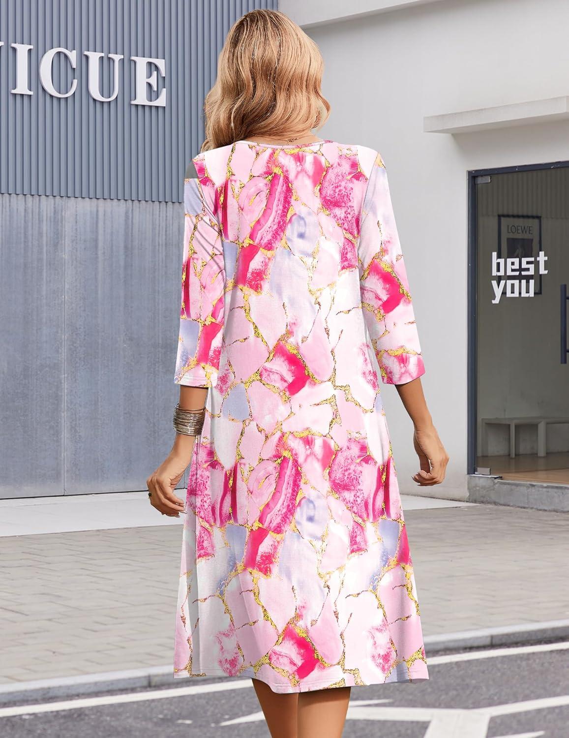 imageZeagoo Summer Dresses for Women 2026 34 Sleeve Womens Dress Casual Midi Tshirt Dresses with Pockets SemiFormal SundressPink