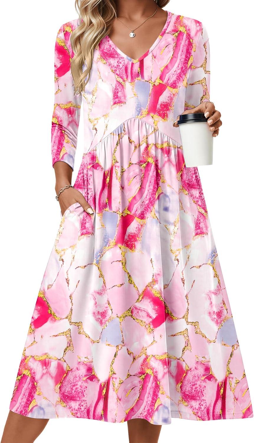 imageZeagoo Summer Dresses for Women 2026 34 Sleeve Womens Dress Casual Midi Tshirt Dresses with Pockets SemiFormal SundressPink