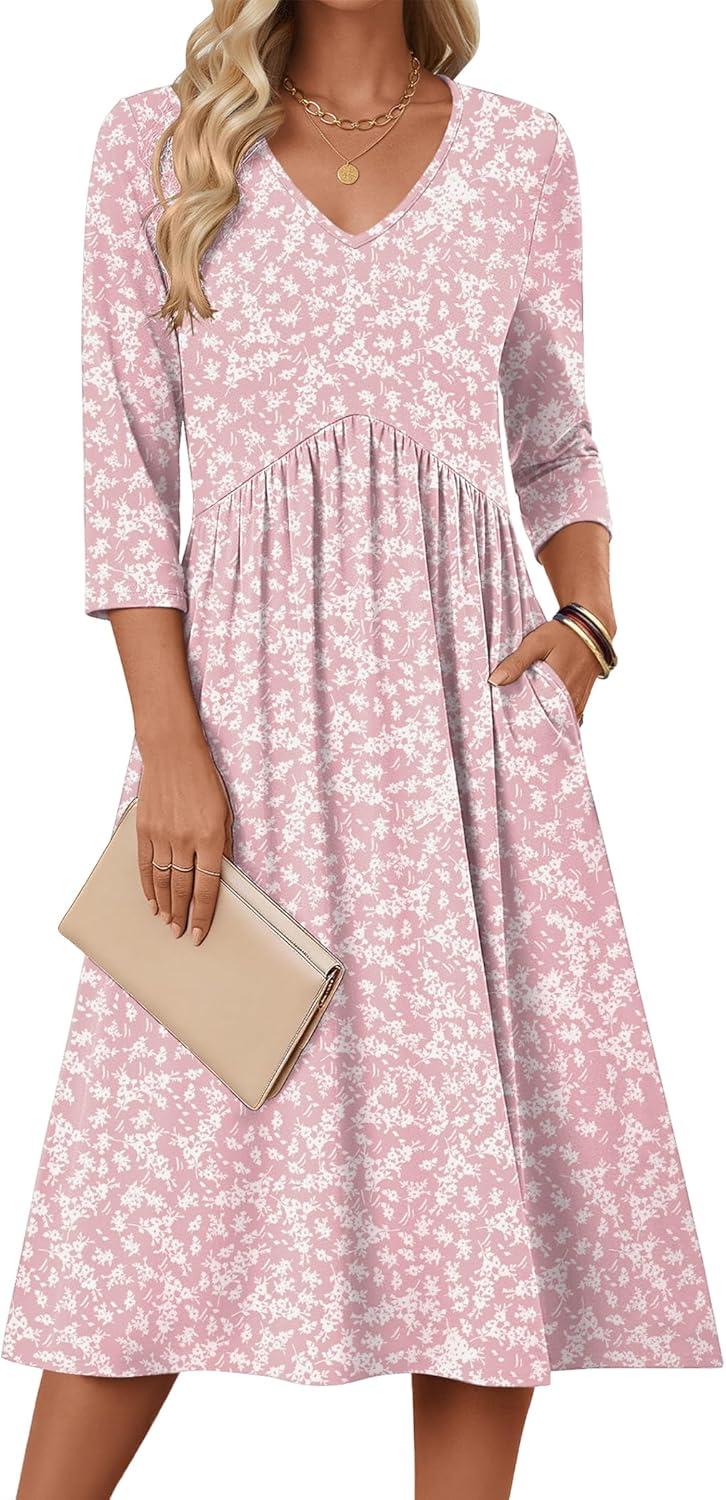 imageZeagoo Summer Dresses for Women 2026 34 Sleeve Womens Dress Casual Midi Tshirt Dresses with Pockets SemiFormal SundressPink Floral