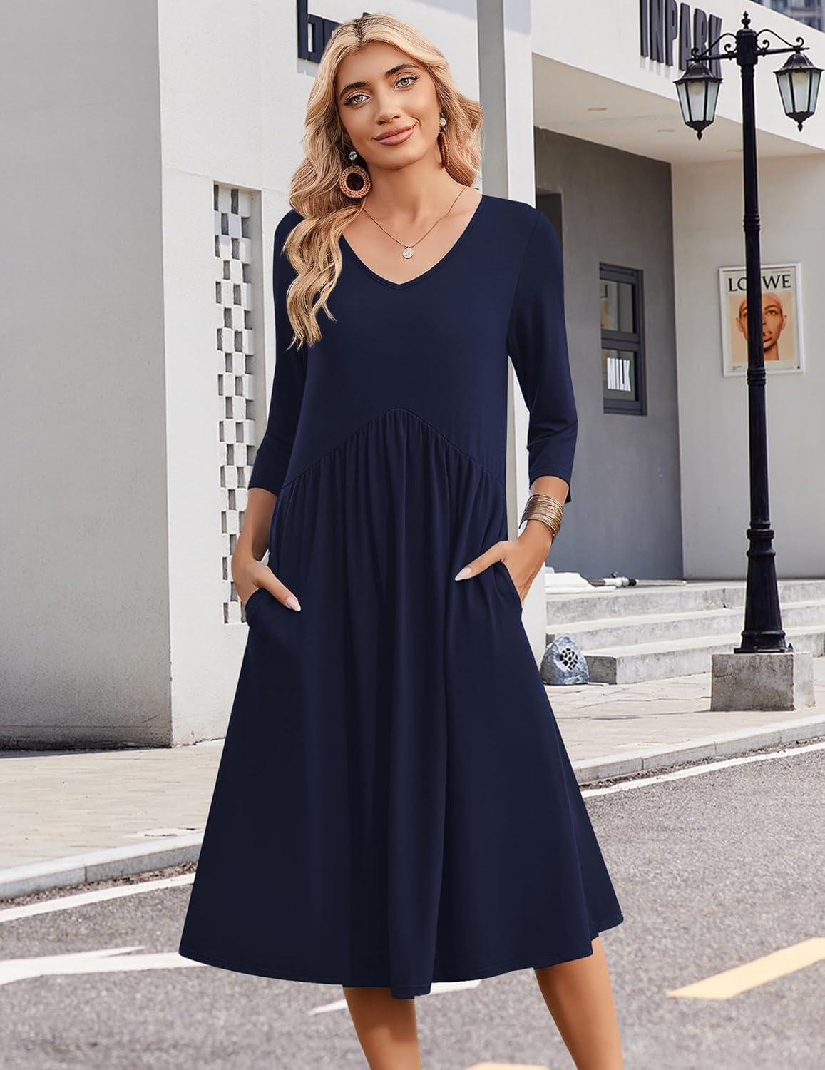 imageZeagoo Summer Dresses for Women 2026 34 Sleeve Womens Dress Casual Midi Tshirt Dresses with Pockets SemiFormal SundressSolid Navy