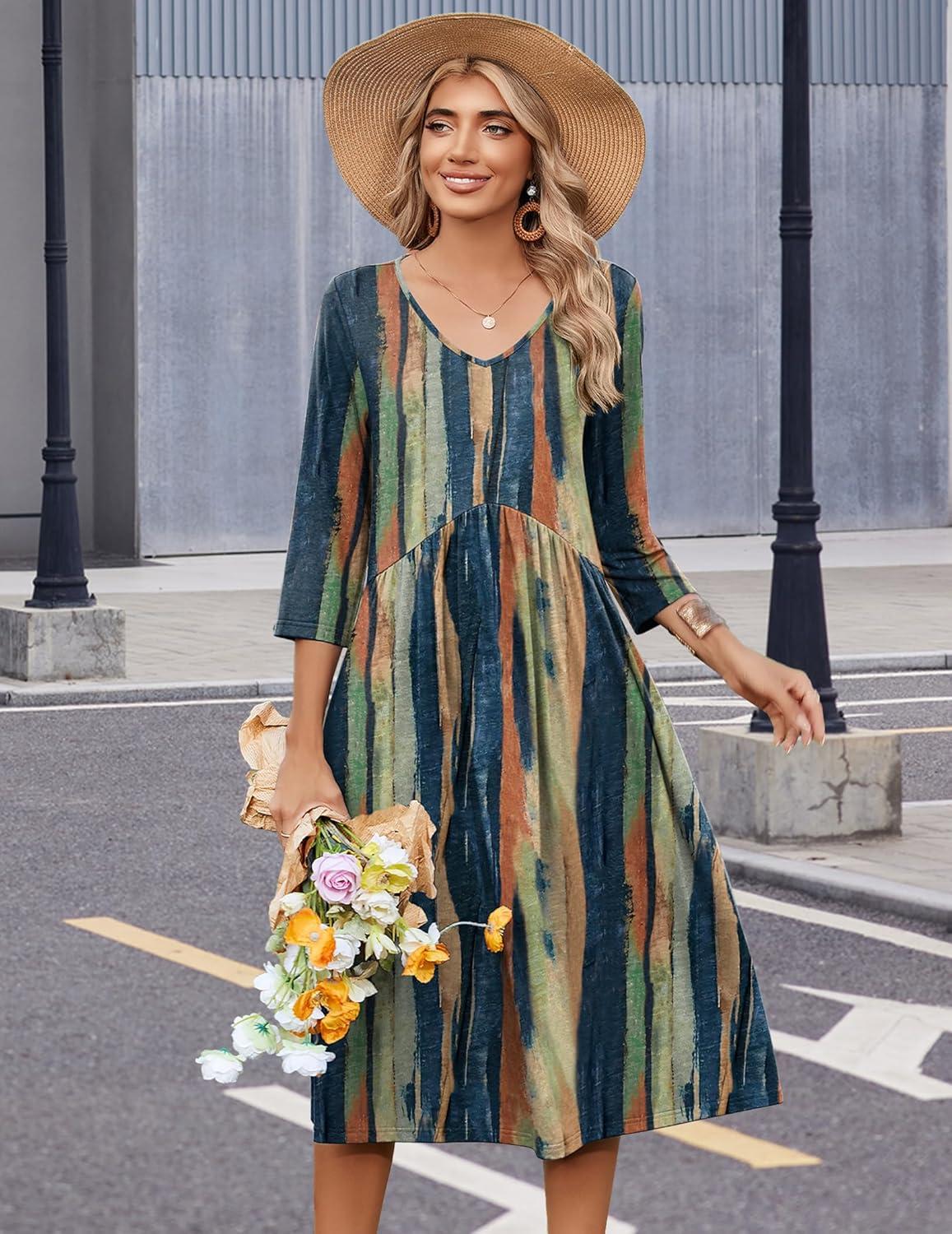 imageZeagoo Summer Dresses for Women 2026 34 Sleeve Womens Dress Casual Midi Tshirt Dresses with Pockets SemiFormal SundressTie Dye
