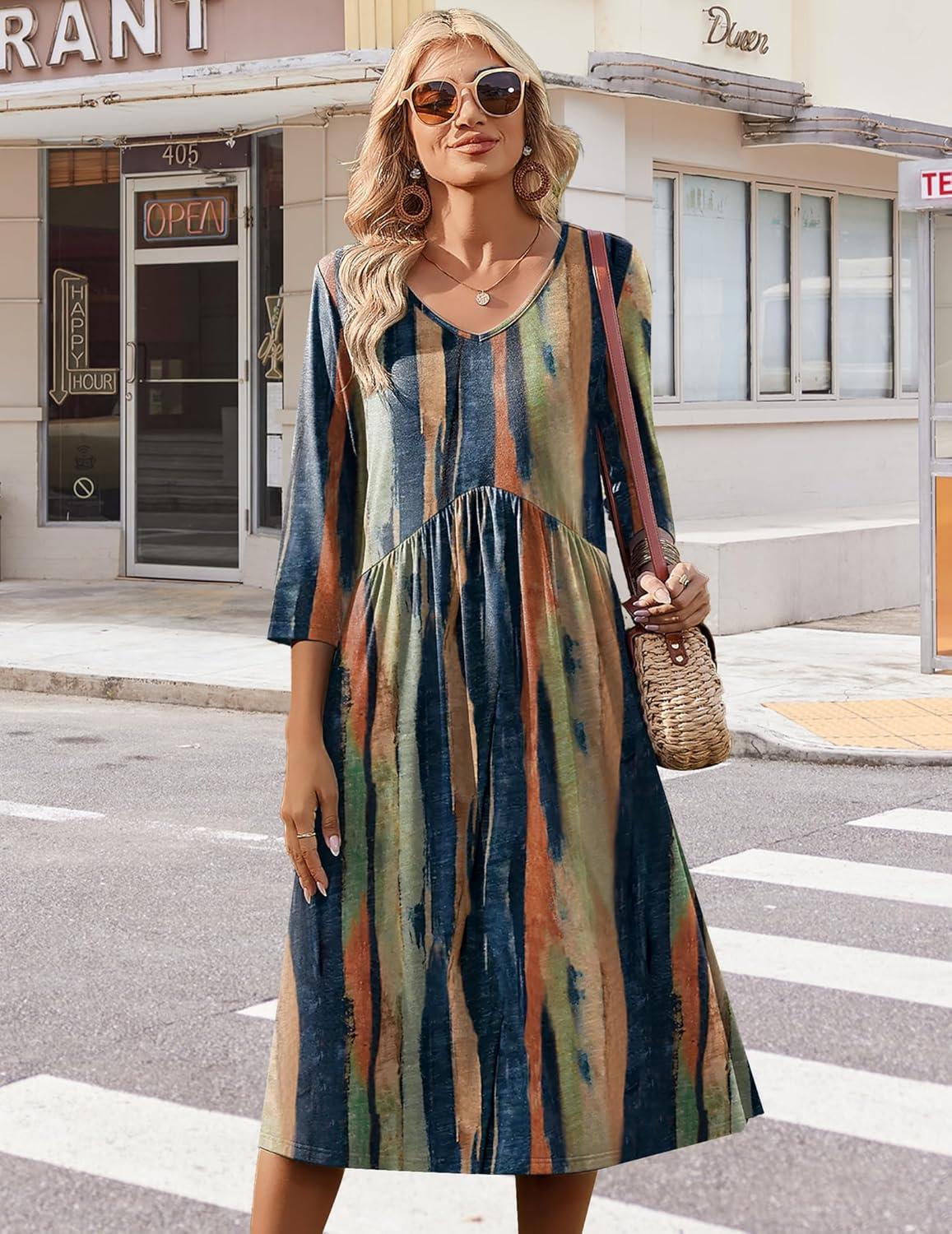 imageZeagoo Summer Dresses for Women 2026 34 Sleeve Womens Dress Casual Midi Tshirt Dresses with Pockets SemiFormal SundressTie Dye