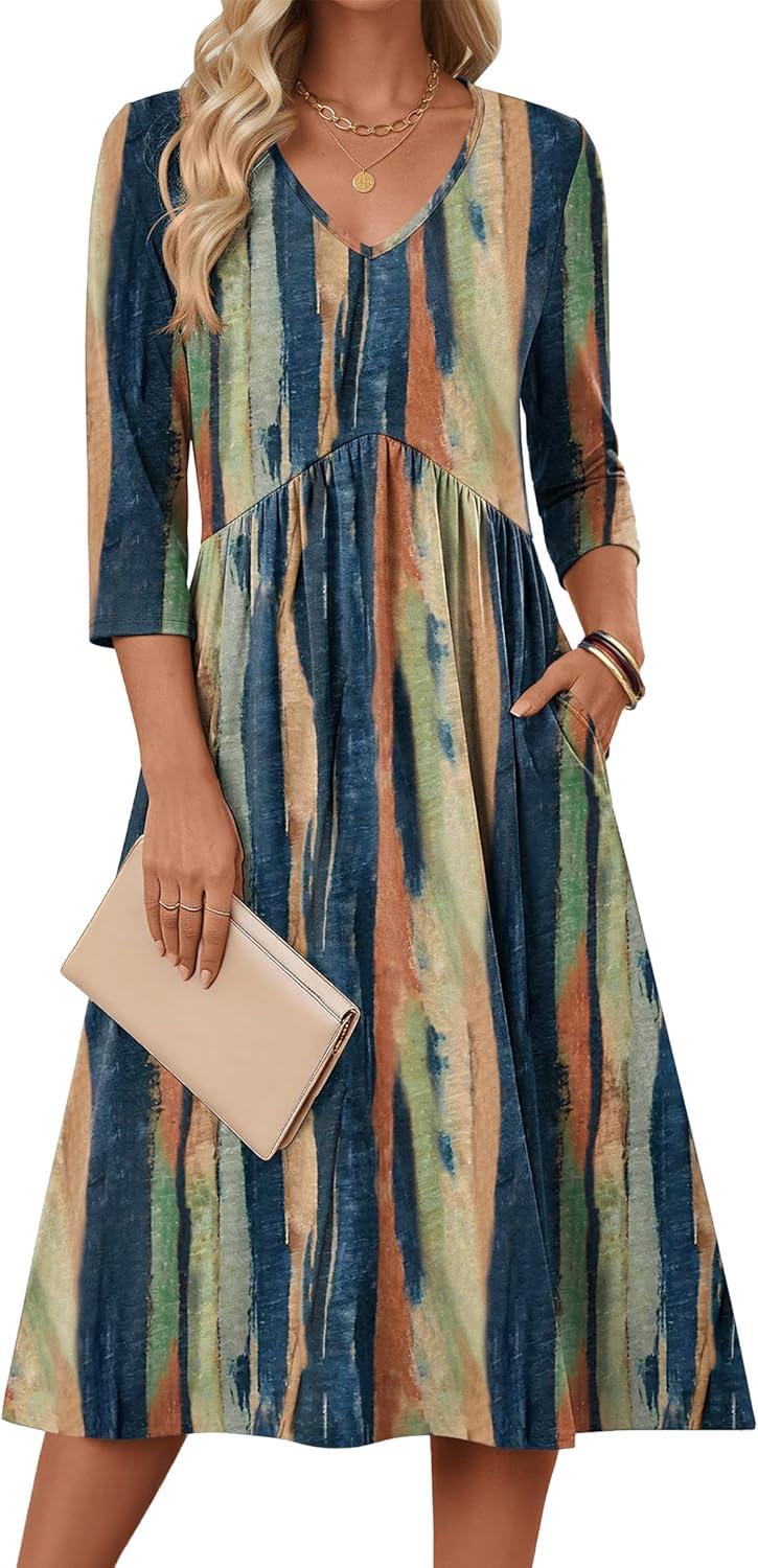 imageZeagoo Summer Dresses for Women 2026 34 Sleeve Womens Dress Casual Midi Tshirt Dresses with Pockets SemiFormal SundressTie Dye