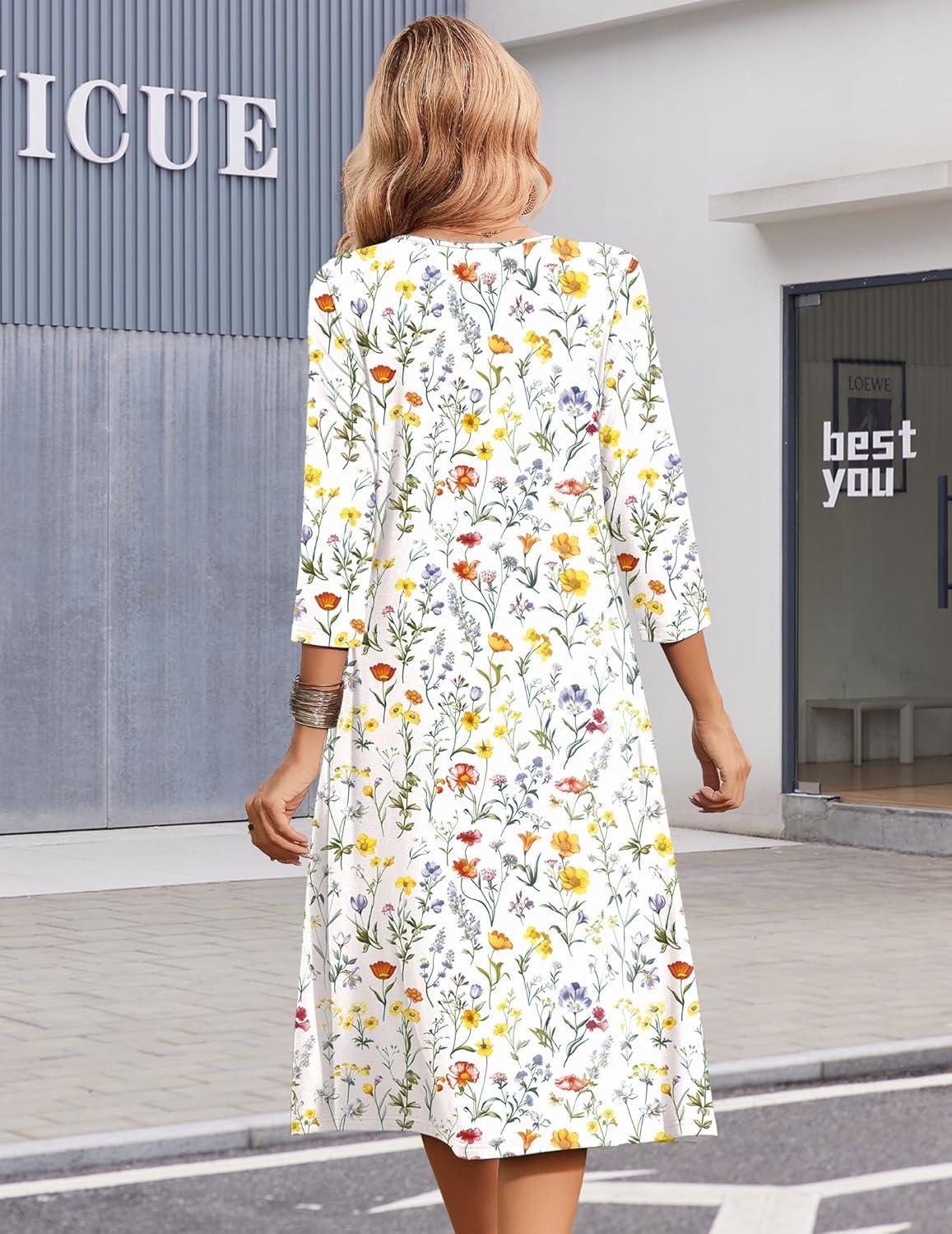 imageZeagoo Summer Dresses for Women 2026 34 Sleeve Womens Dress Casual Midi Tshirt Dresses with Pockets SemiFormal SundressWhite Floral