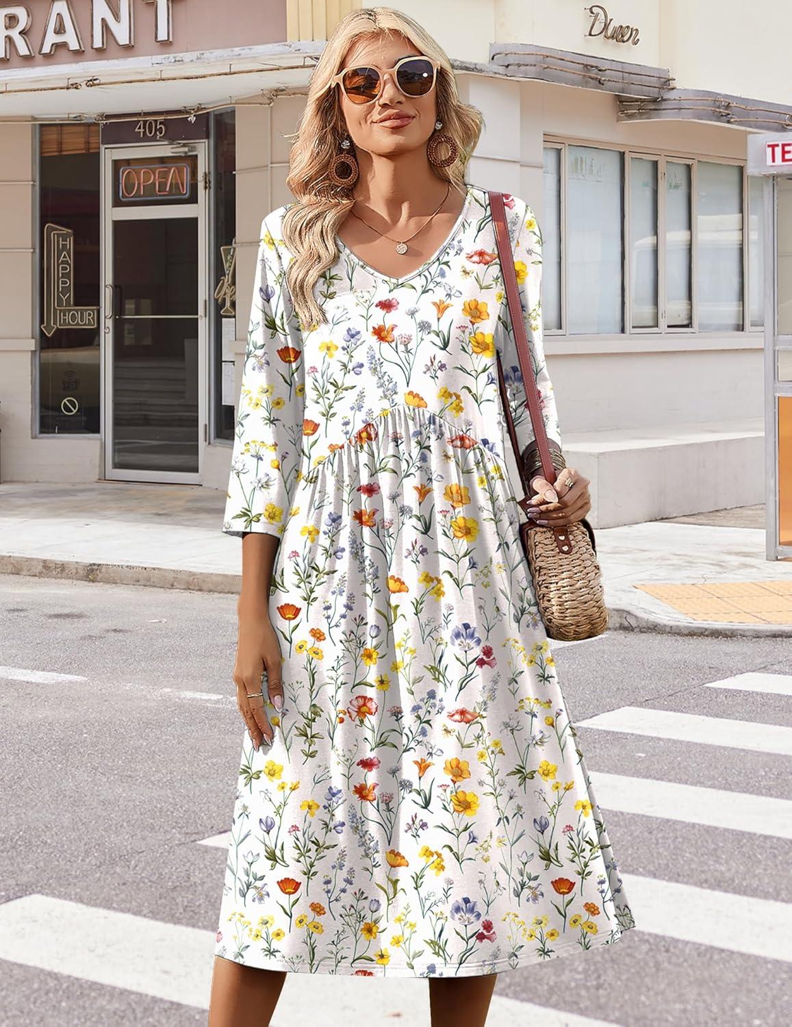 imageZeagoo Summer Dresses for Women 2026 34 Sleeve Womens Dress Casual Midi Tshirt Dresses with Pockets SemiFormal SundressWhite Floral