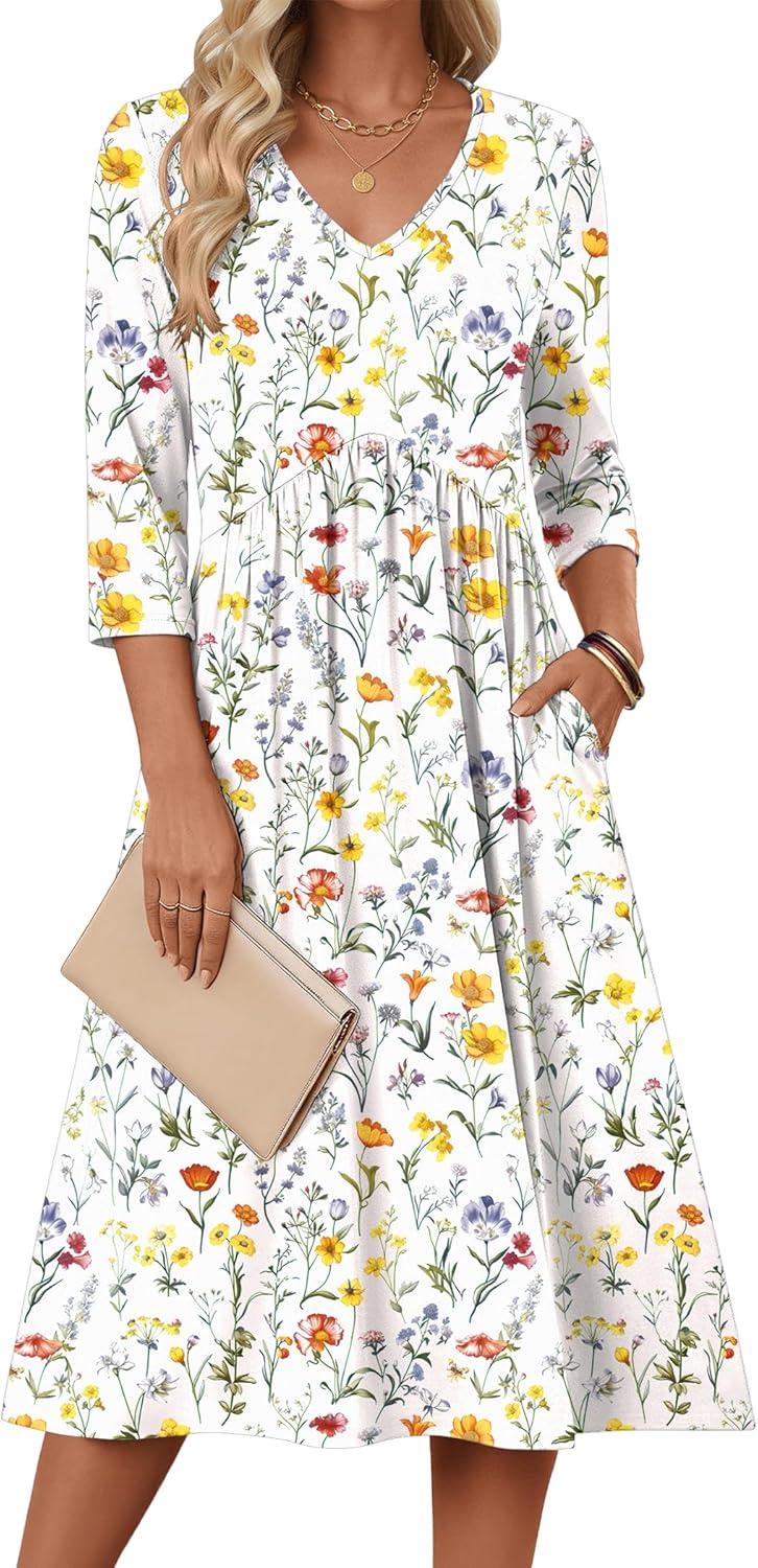 imageZeagoo Summer Dresses for Women 2026 34 Sleeve Womens Dress Casual Midi Tshirt Dresses with Pockets SemiFormal SundressWhite Floral