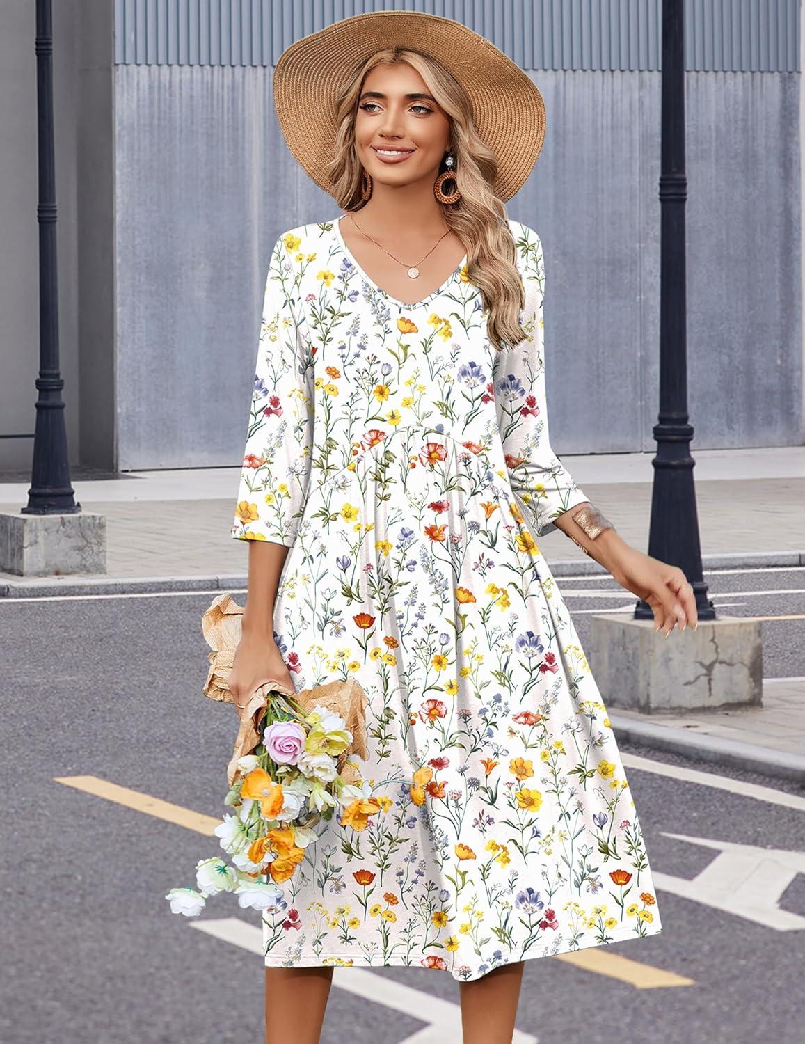 imageZeagoo Summer Dresses for Women 2026 34 Sleeve Womens Dress Casual Midi Tshirt Dresses with Pockets SemiFormal SundressWhite Floral
