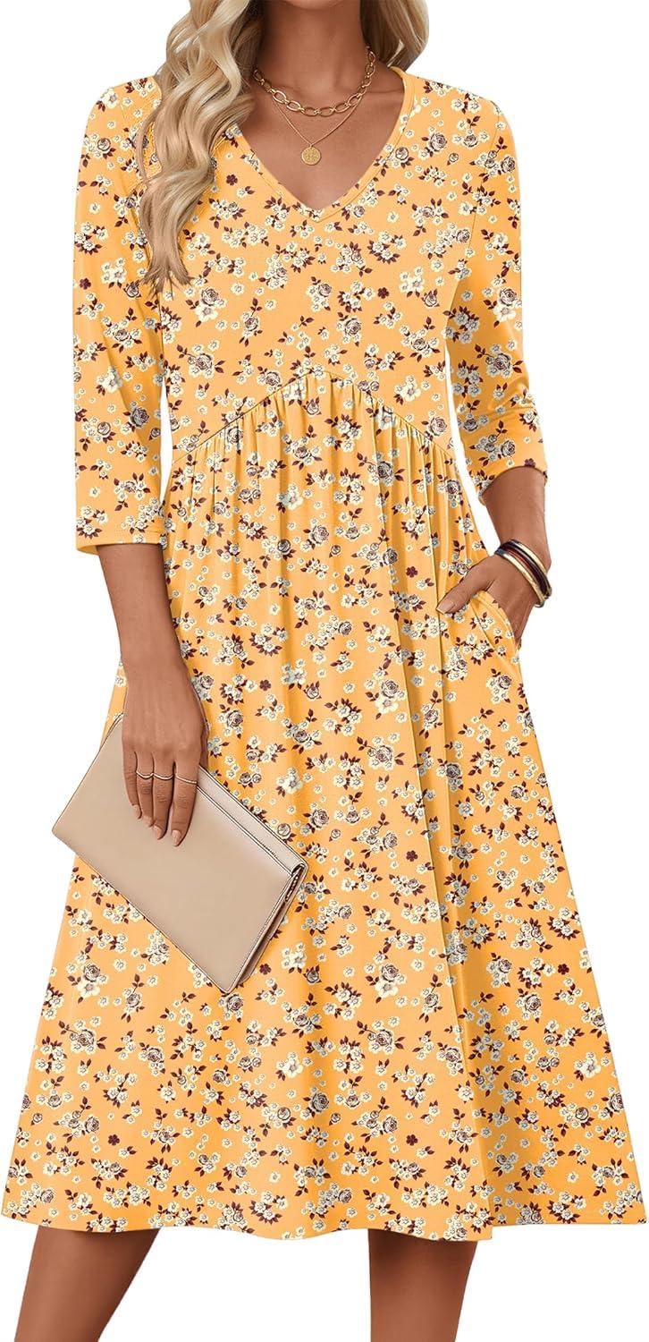 imageZeagoo Summer Dresses for Women 2026 34 Sleeve Womens Dress Casual Midi Tshirt Dresses with Pockets SemiFormal SundressYellow Floral