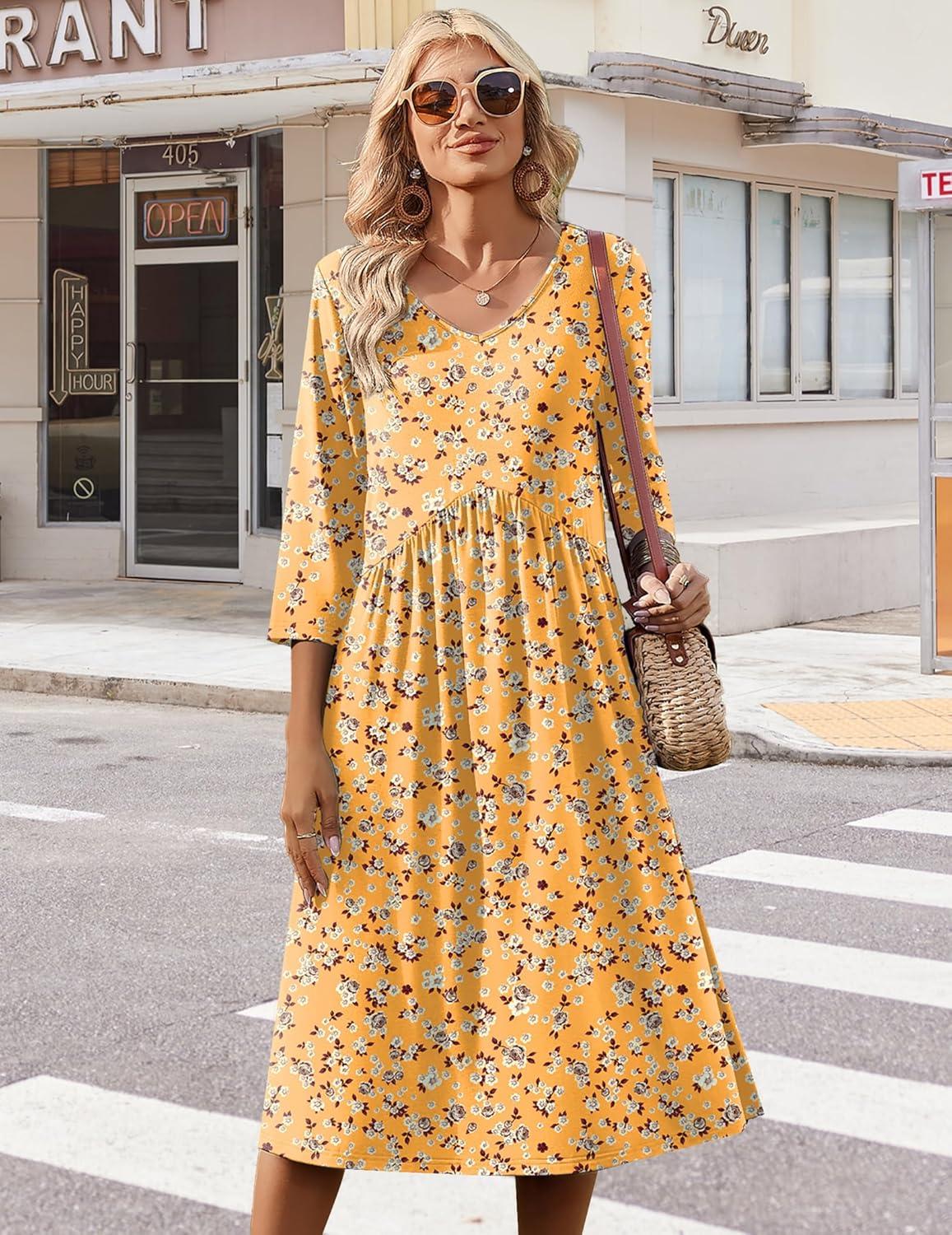 imageZeagoo Summer Dresses for Women 2026 34 Sleeve Womens Dress Casual Midi Tshirt Dresses with Pockets SemiFormal SundressYellow Floral