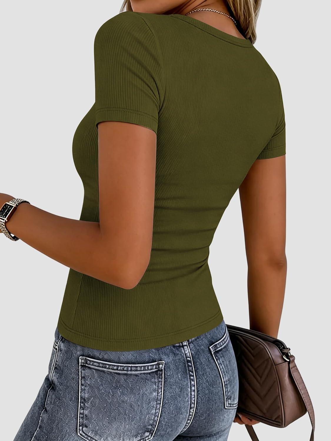 imageZeagoo Women Short Sleeve Tops Crewneck Ribbed Knit Fitted Tshirts Dressy Casual Basic Tee 2026 Summer ClothesArmy Green