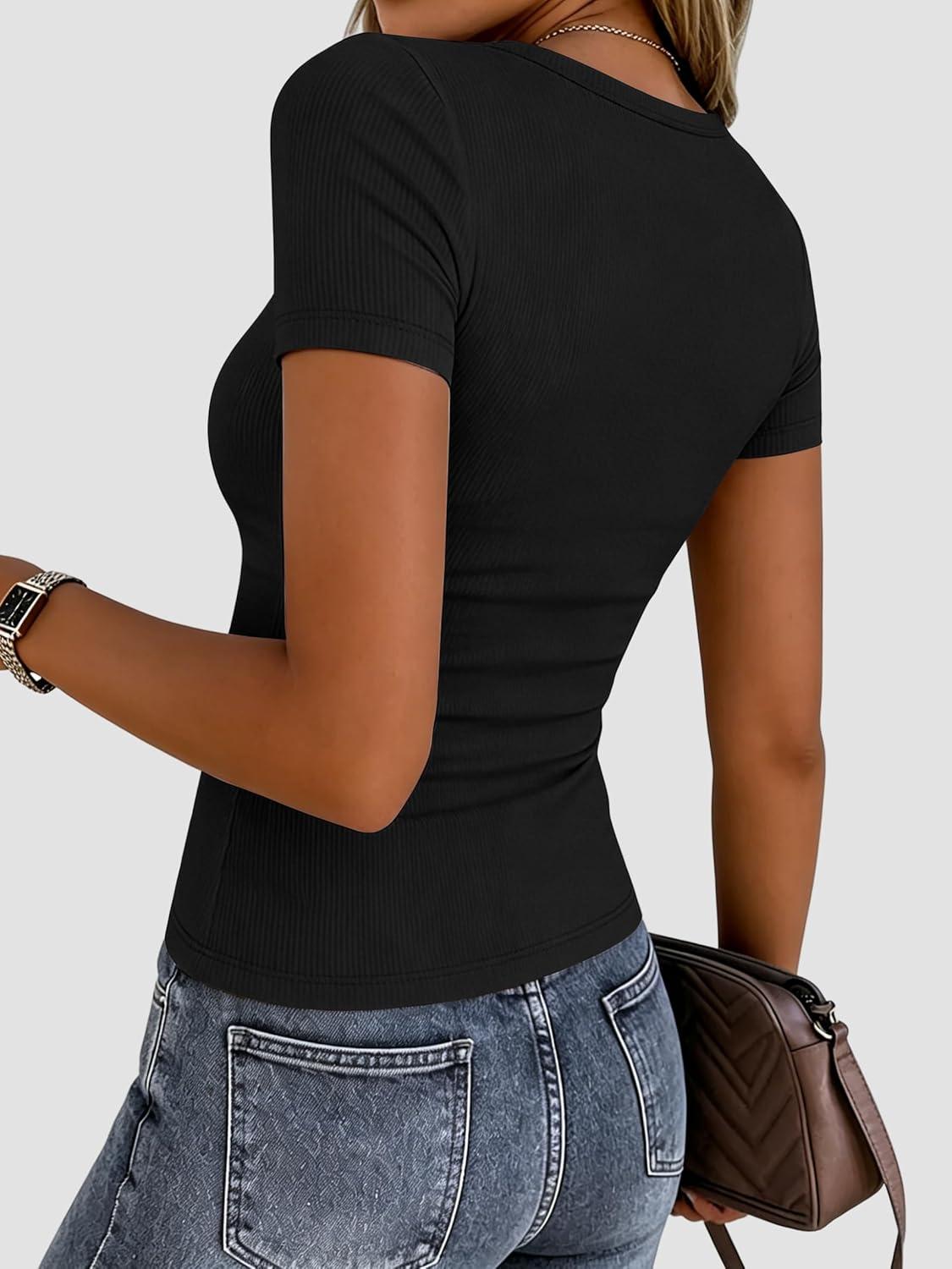 imageZeagoo Women Short Sleeve Tops Crewneck Ribbed Knit Fitted Tshirts Dressy Casual Basic Tee 2026 Summer ClothesBlack
