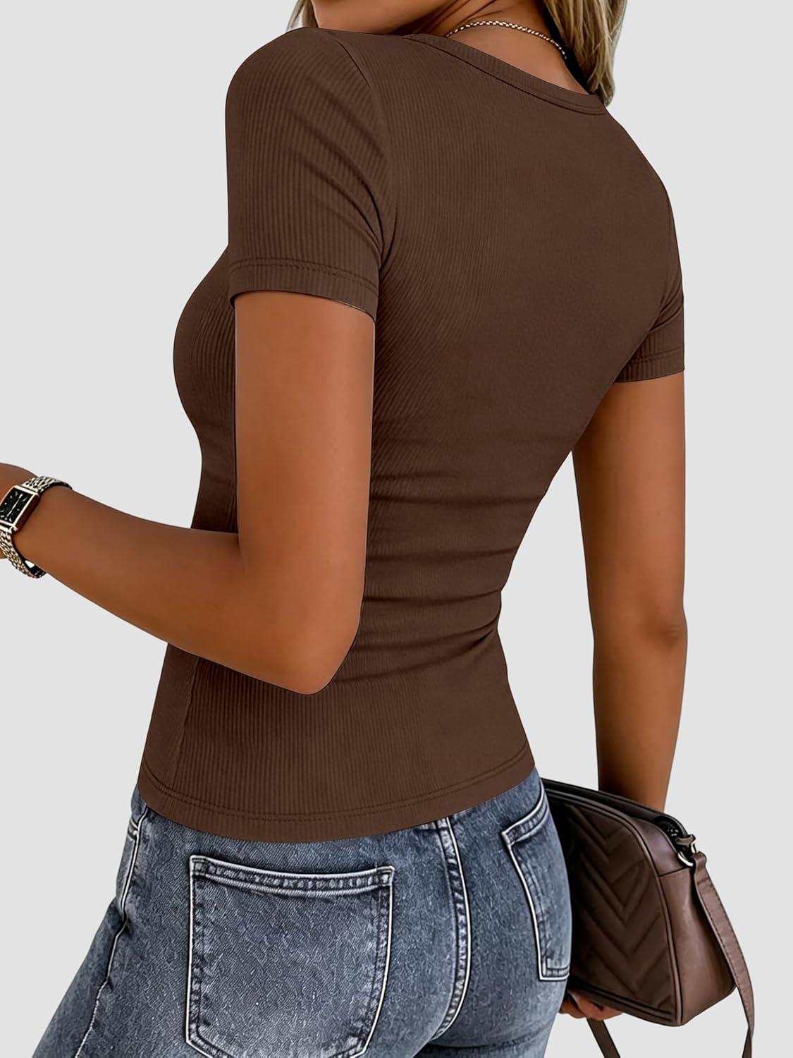 imageZeagoo Women Short Sleeve Tops Crewneck Ribbed Knit Fitted Tshirts Dressy Casual Basic Tee 2026 Summer ClothesBrown