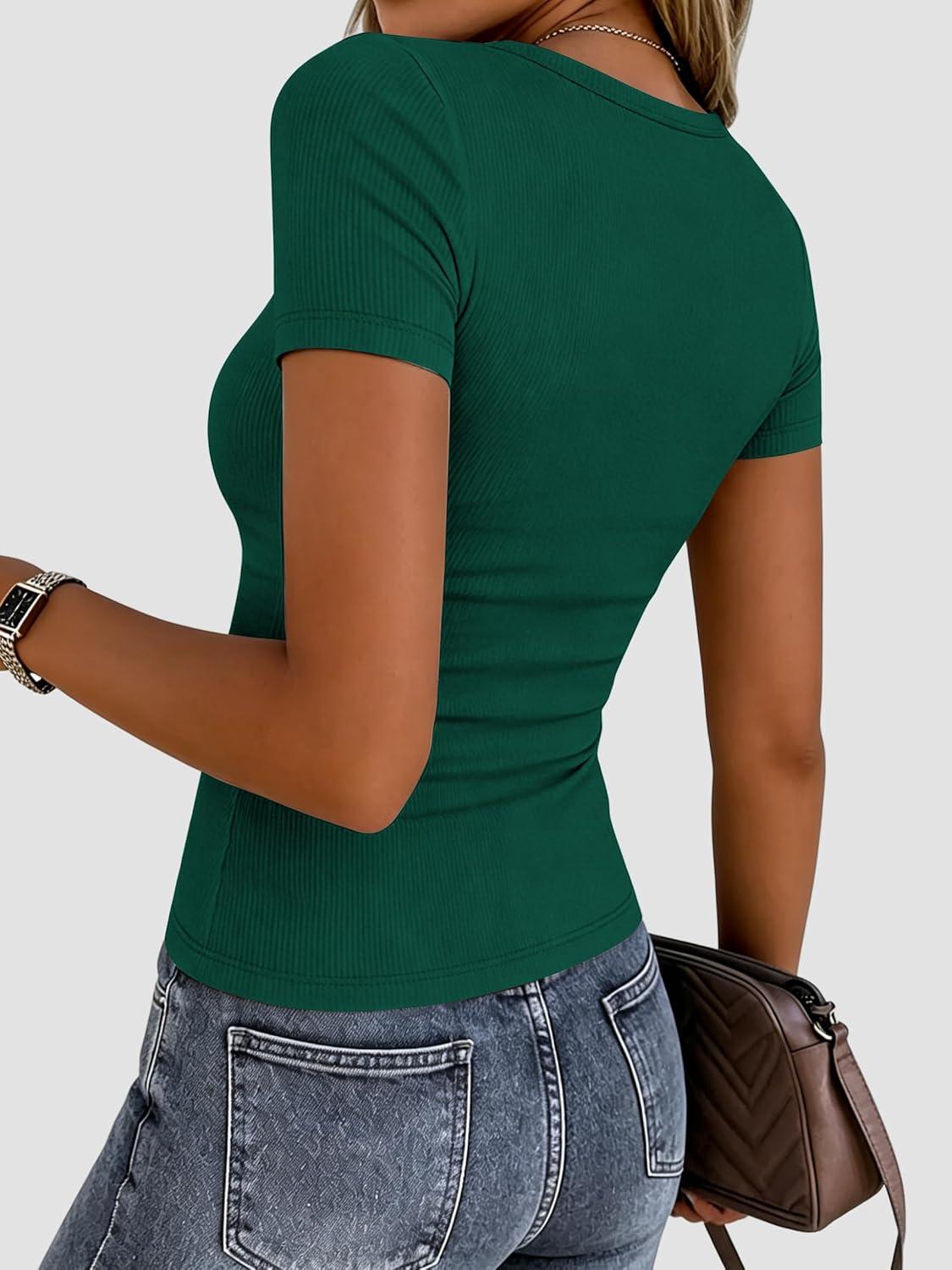 imageZeagoo Women Short Sleeve Tops Crewneck Ribbed Knit Fitted Tshirts Dressy Casual Basic Tee 2026 Summer ClothesDark Green