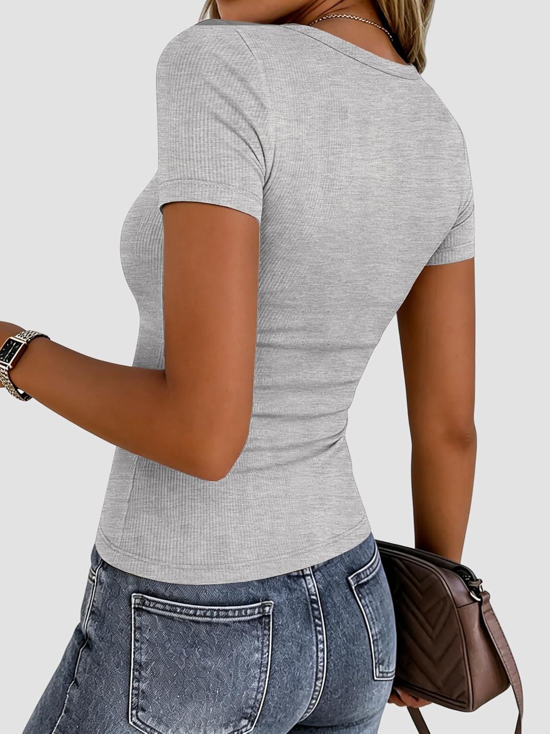 imageZeagoo Women Short Sleeve Tops Crewneck Ribbed Knit Fitted Tshirts Dressy Casual Basic Tee 2026 Summer ClothesGrey