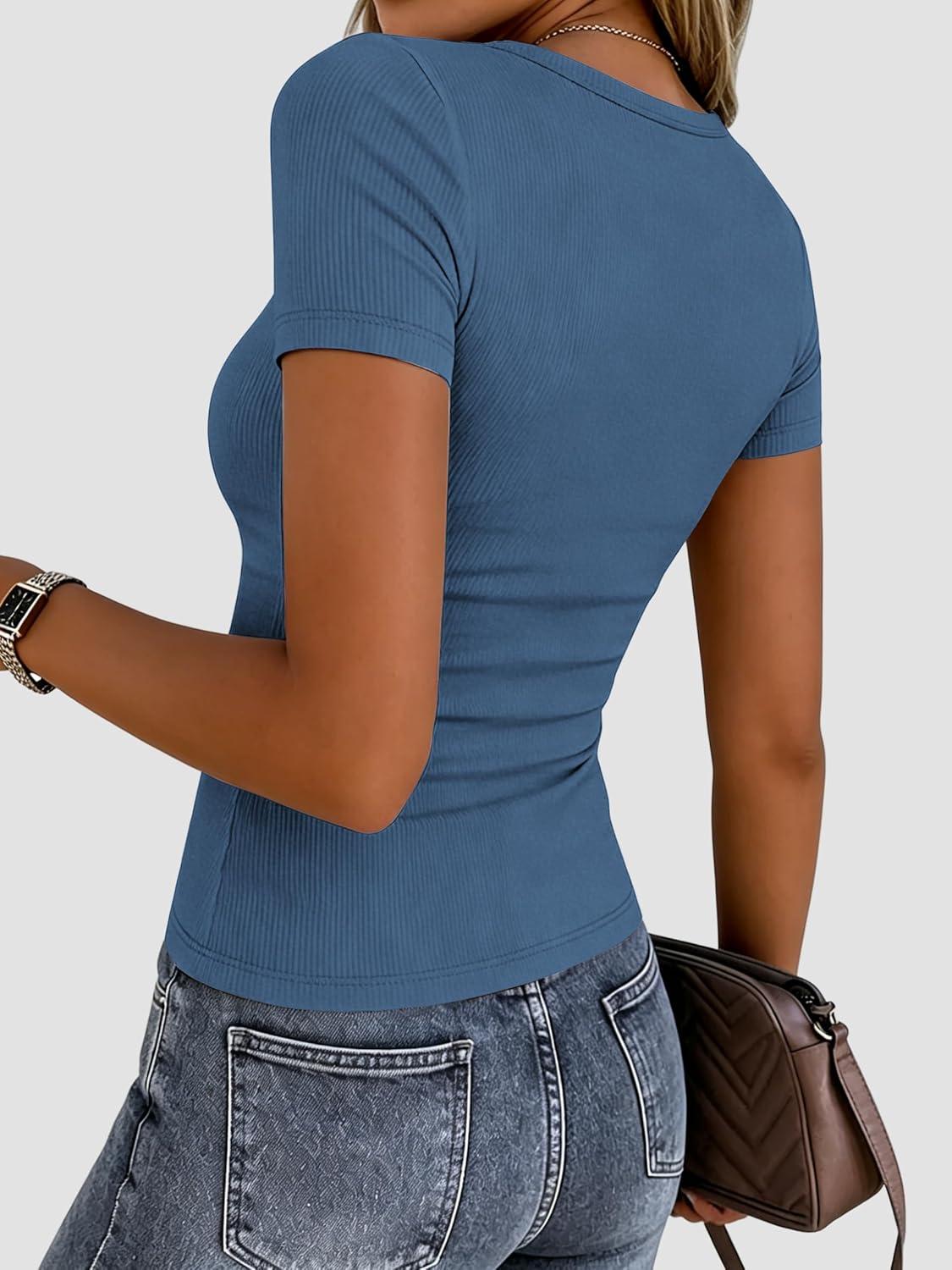 imageZeagoo Women Short Sleeve Tops Crewneck Ribbed Knit Fitted Tshirts Dressy Casual Basic Tee 2026 Summer ClothesGrey Blue