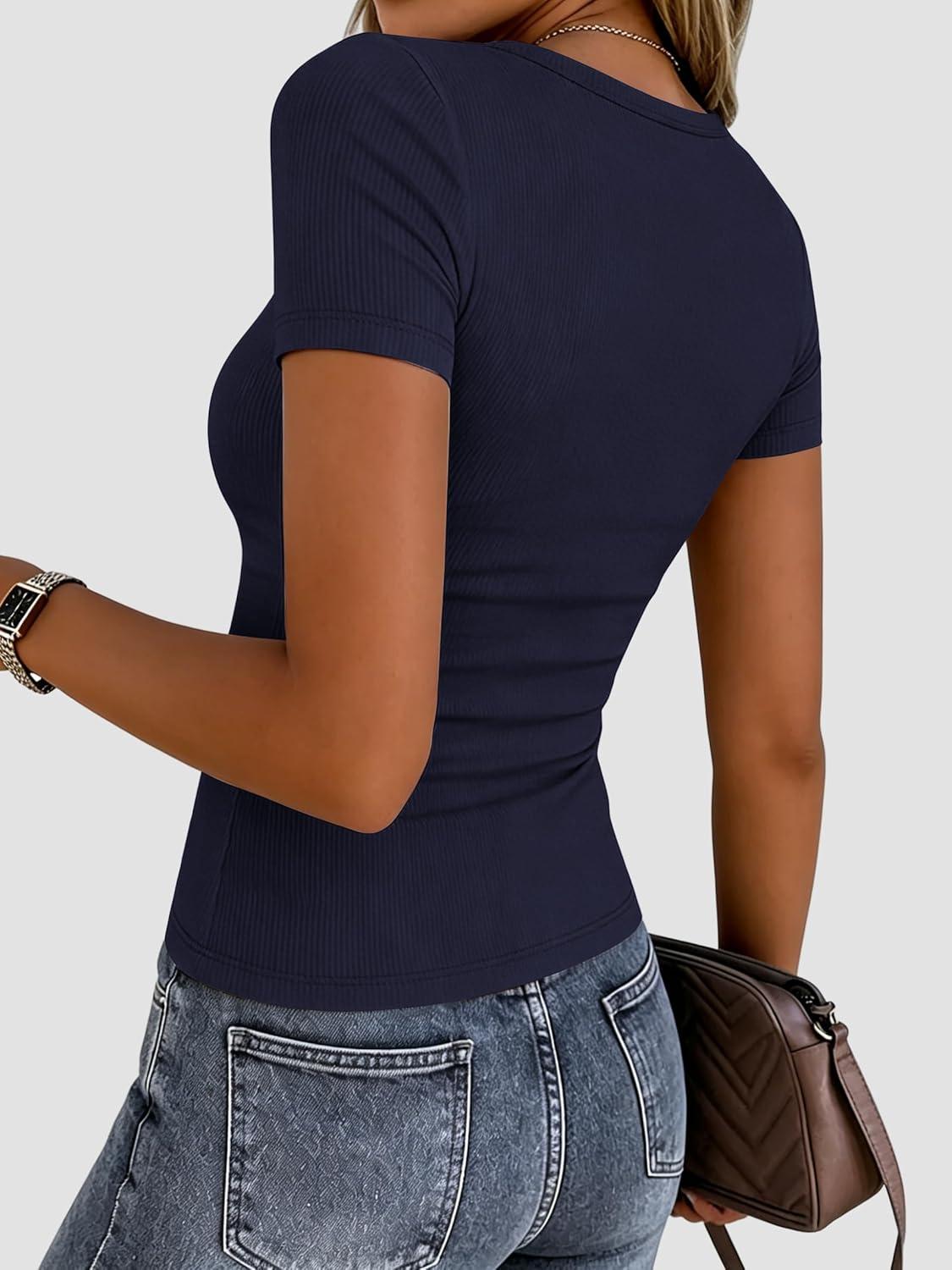 imageZeagoo Women Short Sleeve Tops Crewneck Ribbed Knit Fitted Tshirts Dressy Casual Basic Tee 2026 Summer ClothesNavy Blue