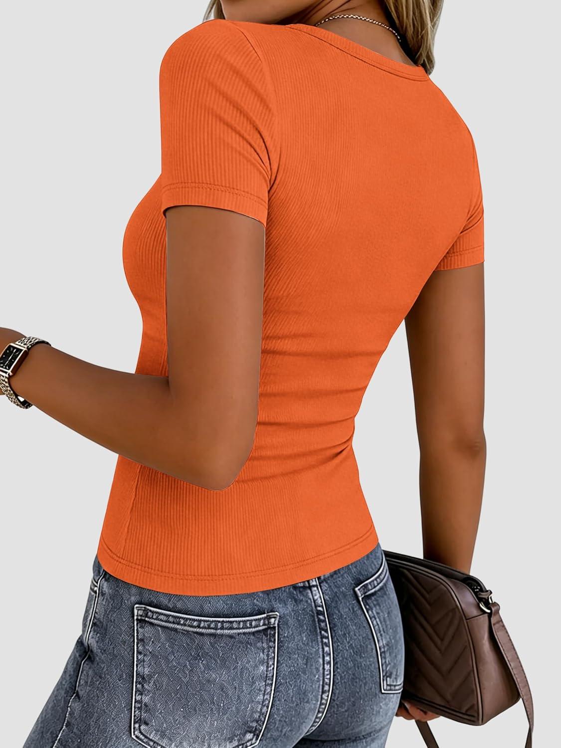 imageZeagoo Women Short Sleeve Tops Crewneck Ribbed Knit Fitted Tshirts Dressy Casual Basic Tee 2026 Summer ClothesOrange