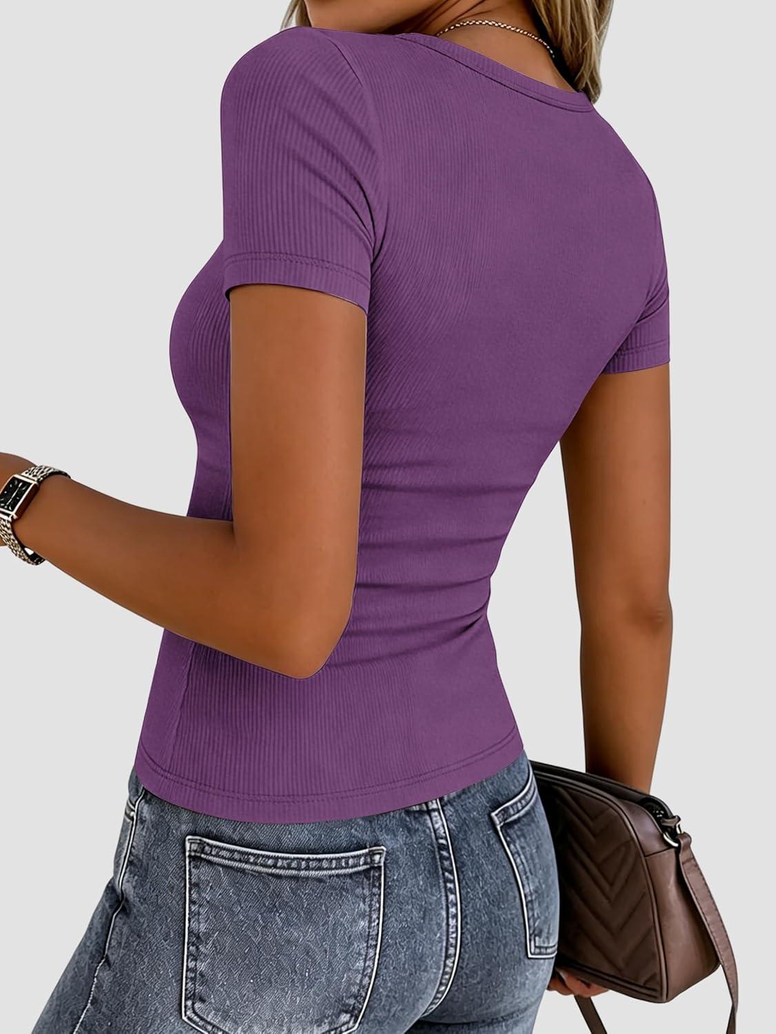 imageZeagoo Women Short Sleeve Tops Crewneck Ribbed Knit Fitted Tshirts Dressy Casual Basic Tee 2026 Summer ClothesPurple