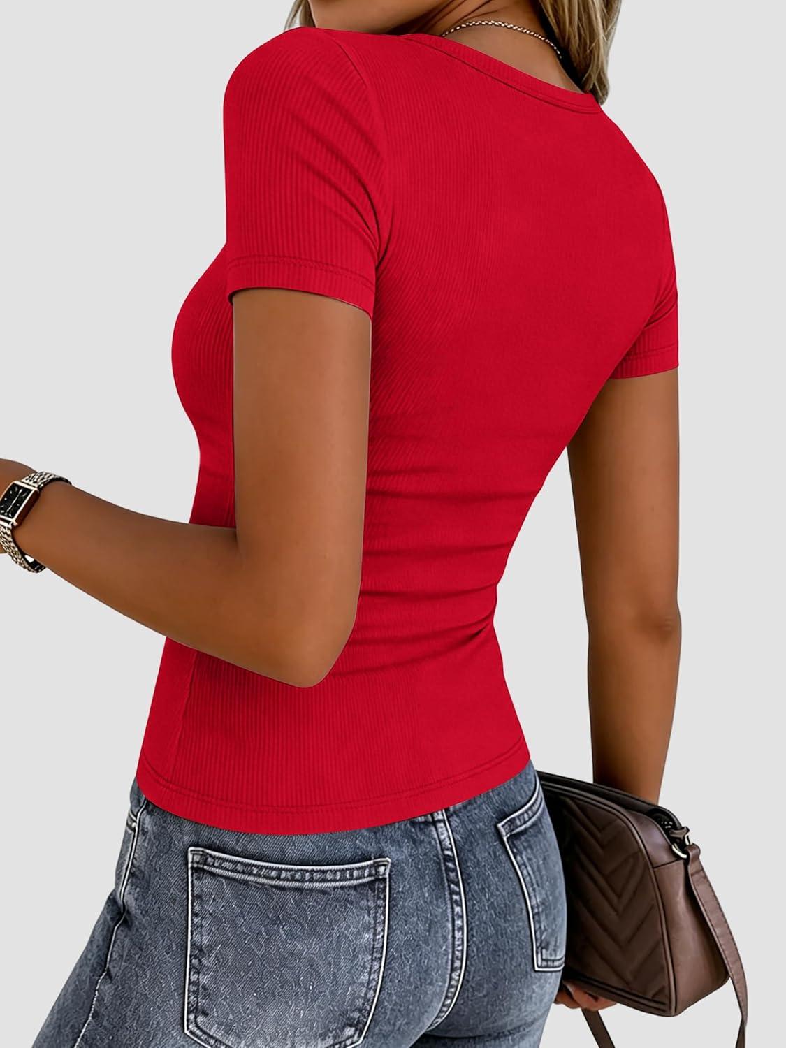 imageZeagoo Women Short Sleeve Tops Crewneck Ribbed Knit Fitted Tshirts Dressy Casual Basic Tee 2026 Summer ClothesRed