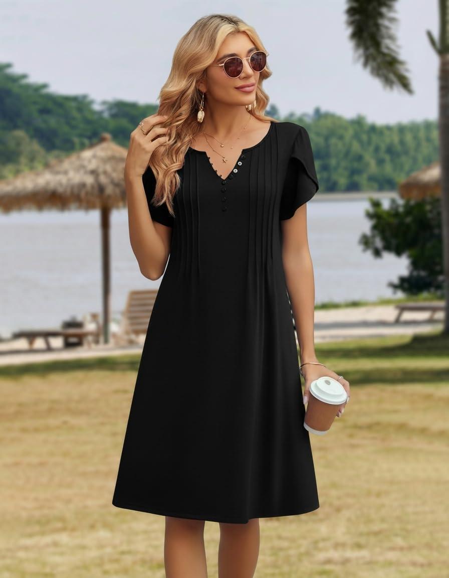 imageZeagoo Womens Casual Dresses with Pockets Summer Floral VNeck ALine Tshirt Dress Short Sleeve Mini Dress Beach SundressA02black