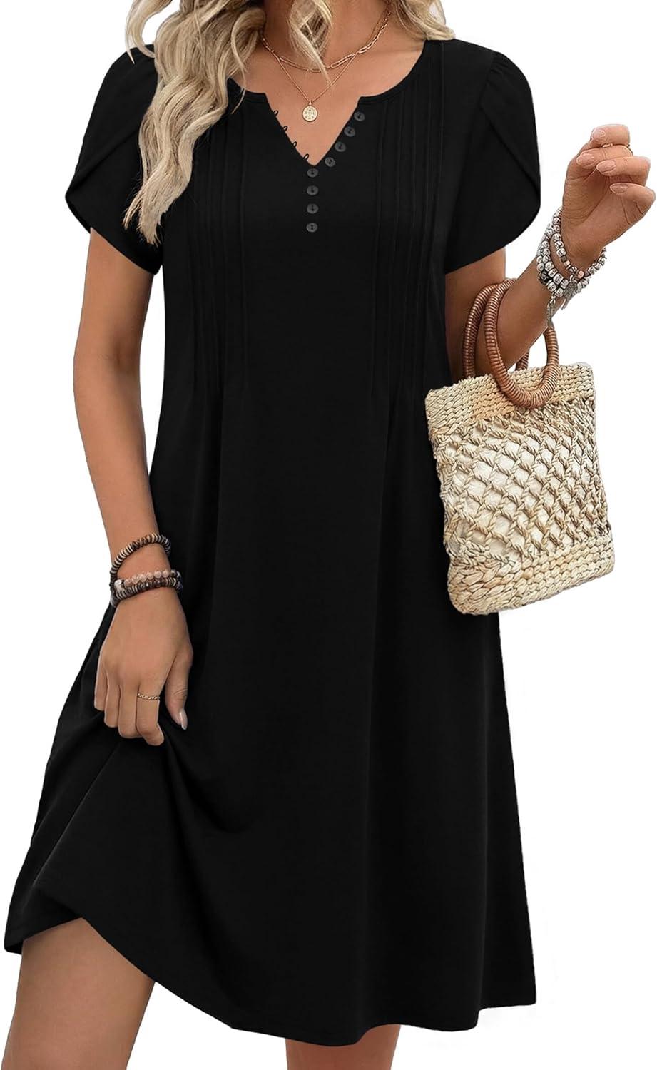 imageZeagoo Womens Casual Dresses with Pockets Summer Floral VNeck ALine Tshirt Dress Short Sleeve Mini Dress Beach SundressA02black