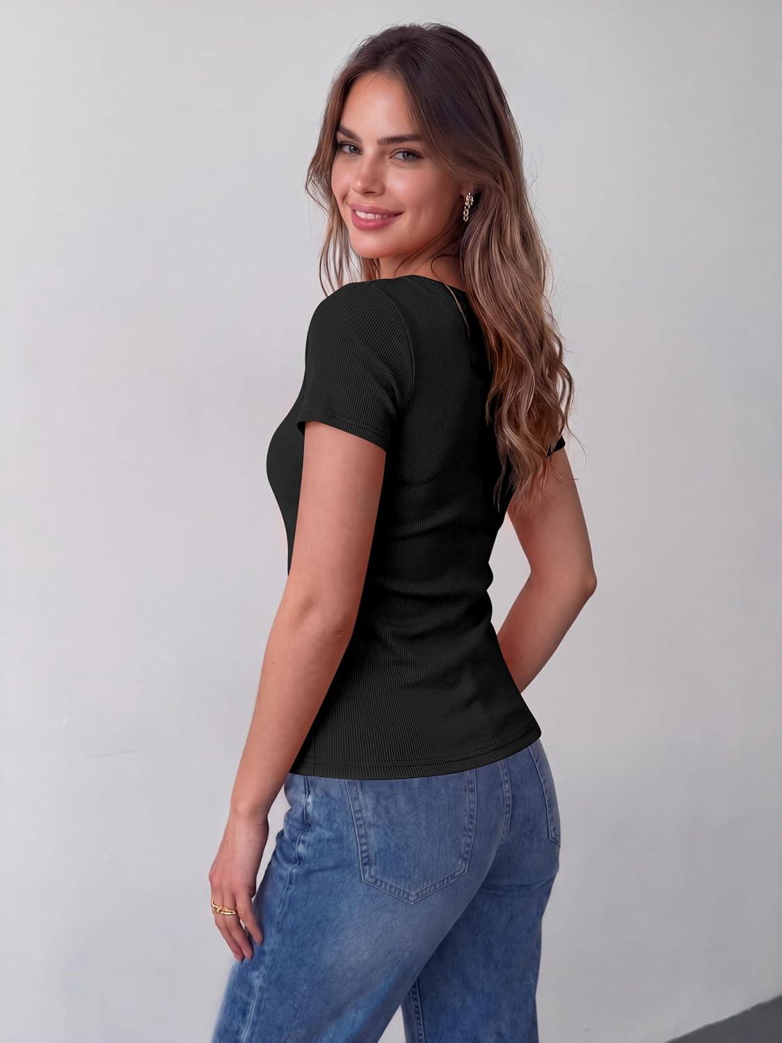 imageZeagoo Womens Tops Short Sleeve Scoop Neck Shirts Ribbed Knit Fitted Basic Tees Casual Summer Work Clothes1black