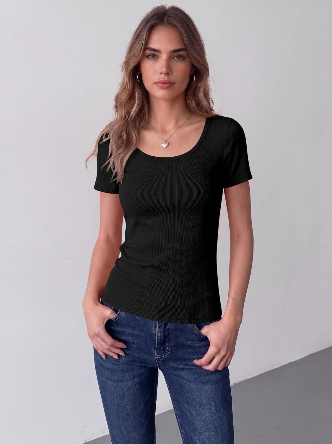 imageZeagoo Womens Tops Short Sleeve Scoop Neck Shirts Ribbed Knit Fitted Basic Tees Casual Summer Work Clothes1black