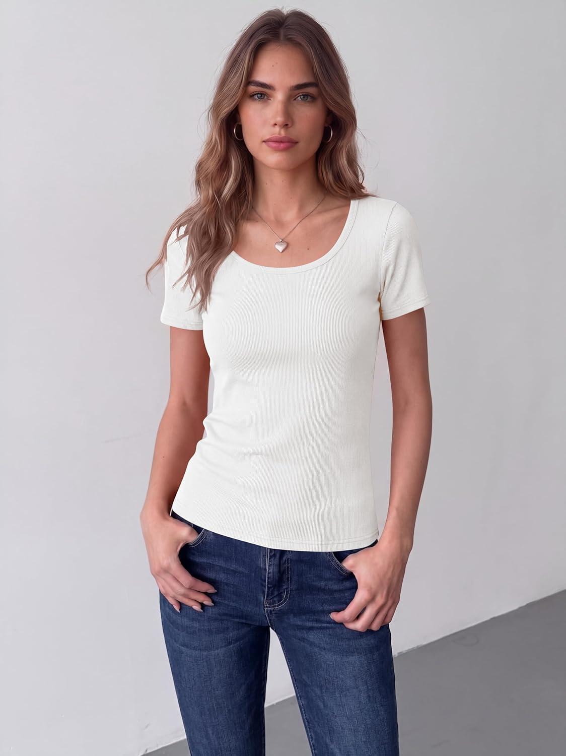 imageZeagoo Womens Tops Short Sleeve Scoop Neck Shirts Ribbed Knit Fitted Basic Tees Casual Summer Work Clothes1white