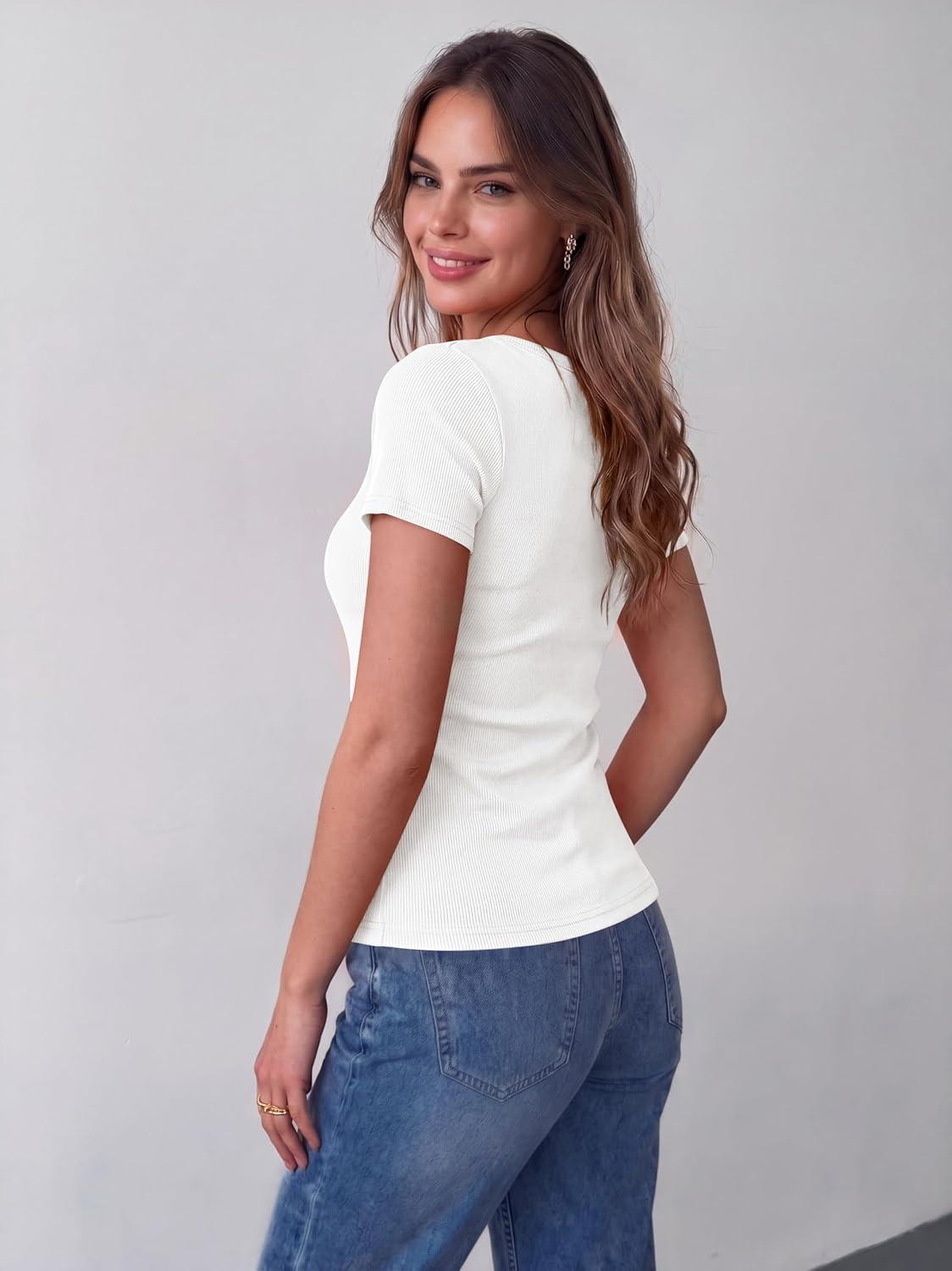 imageZeagoo Womens Tops Short Sleeve Scoop Neck Shirts Ribbed Knit Fitted Basic Tees Casual Summer Work Clothes1white