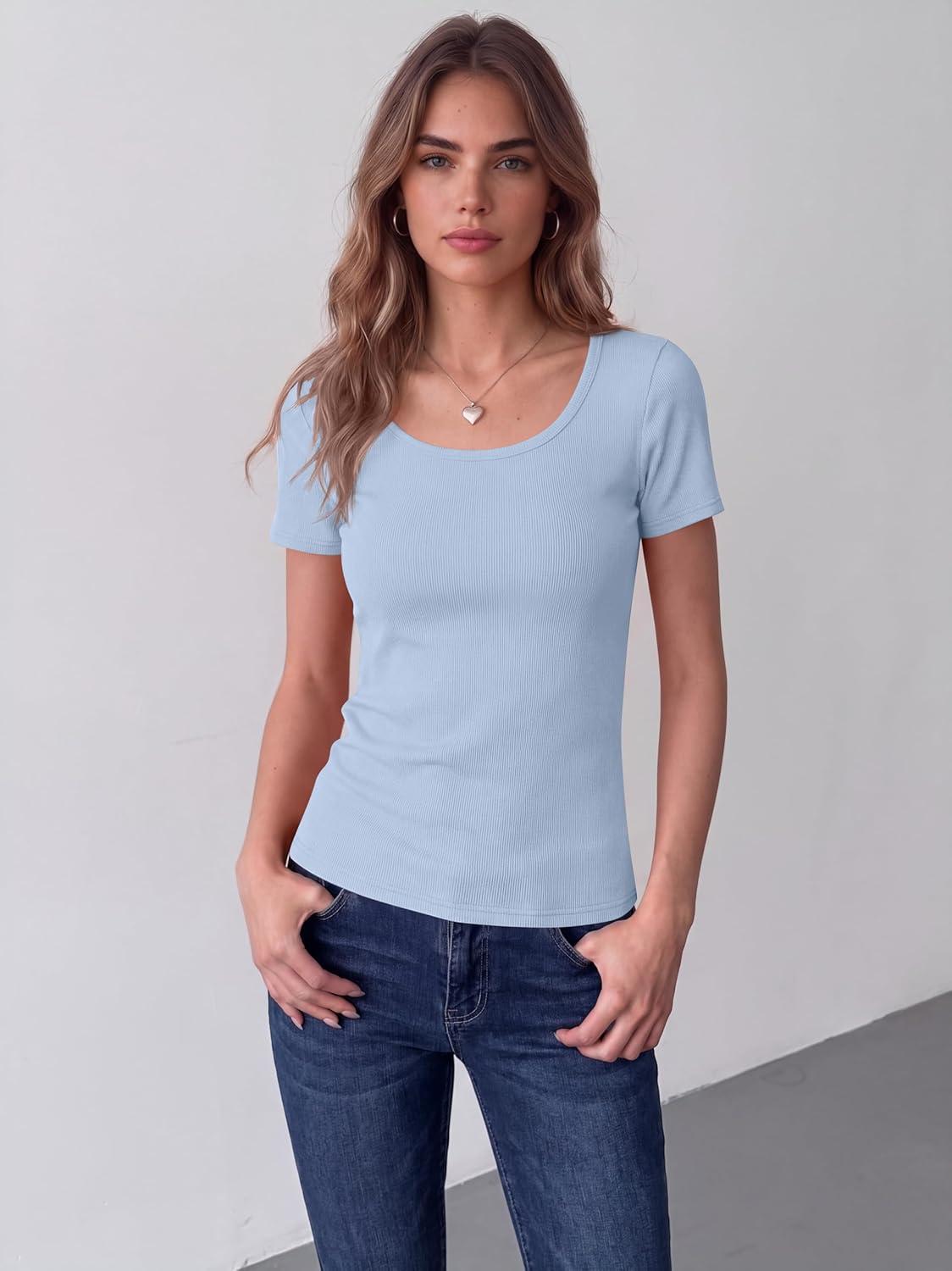 imageZeagoo Womens Tops Short Sleeve Scoop Neck Shirts Ribbed Knit Fitted Basic Tees Casual Summer Work ClothesLight Blue