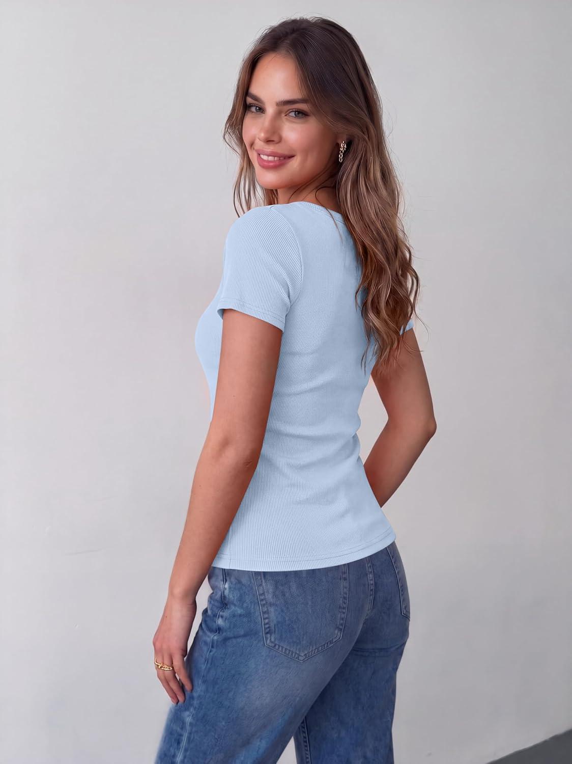 imageZeagoo Womens Tops Short Sleeve Scoop Neck Shirts Ribbed Knit Fitted Basic Tees Casual Summer Work ClothesLight Blue