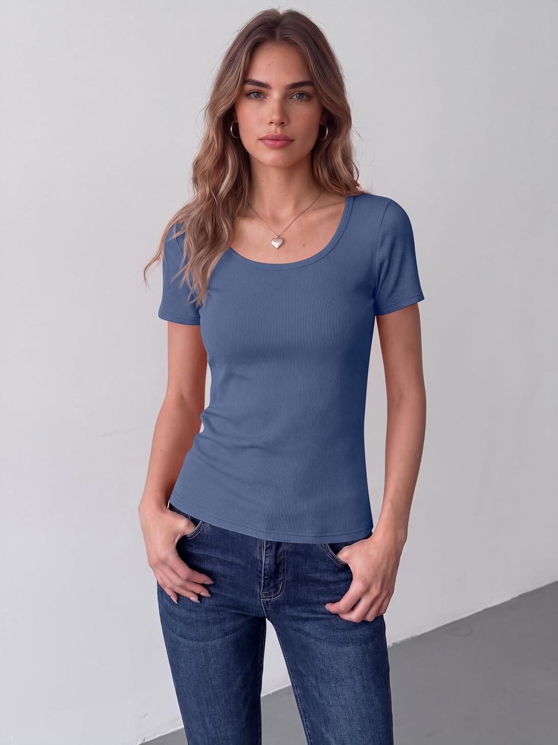 imageZeagoo Womens Tops Short Sleeve Scoop Neck Shirts Ribbed Knit Fitted Basic Tees Casual Summer Work ClothesNavy