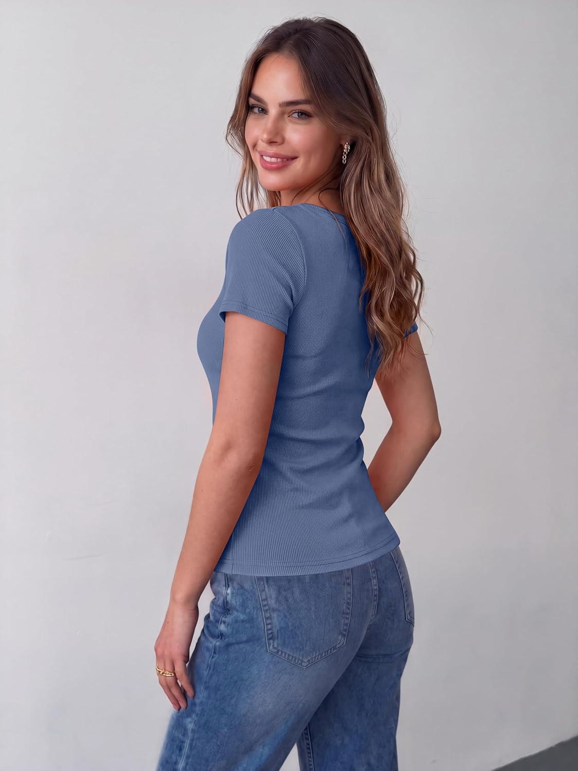 imageZeagoo Womens Tops Short Sleeve Scoop Neck Shirts Ribbed Knit Fitted Basic Tees Casual Summer Work ClothesNavy