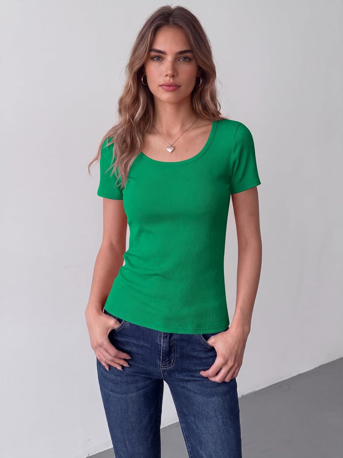imageZeagoo Womens Tops Short Sleeve Scoop Neck Shirts Ribbed Knit Fitted Basic Tees Casual Summer Work ClothesOasis