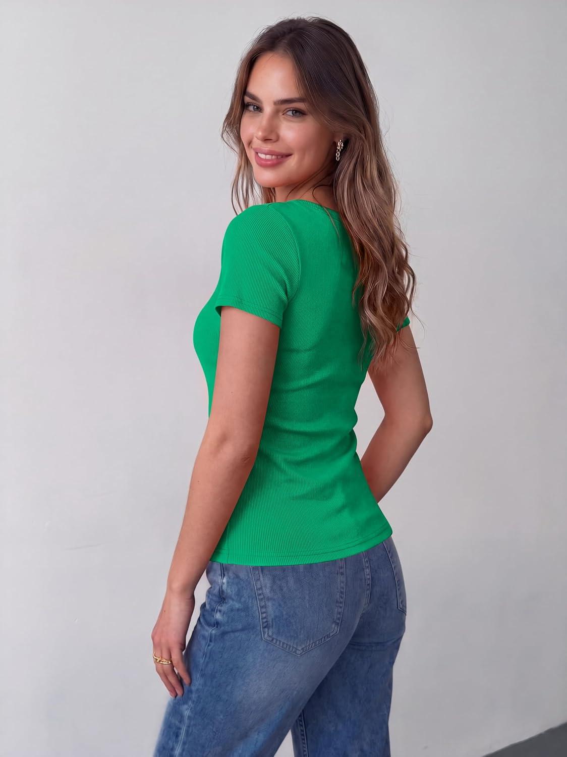 imageZeagoo Womens Tops Short Sleeve Scoop Neck Shirts Ribbed Knit Fitted Basic Tees Casual Summer Work ClothesOasis