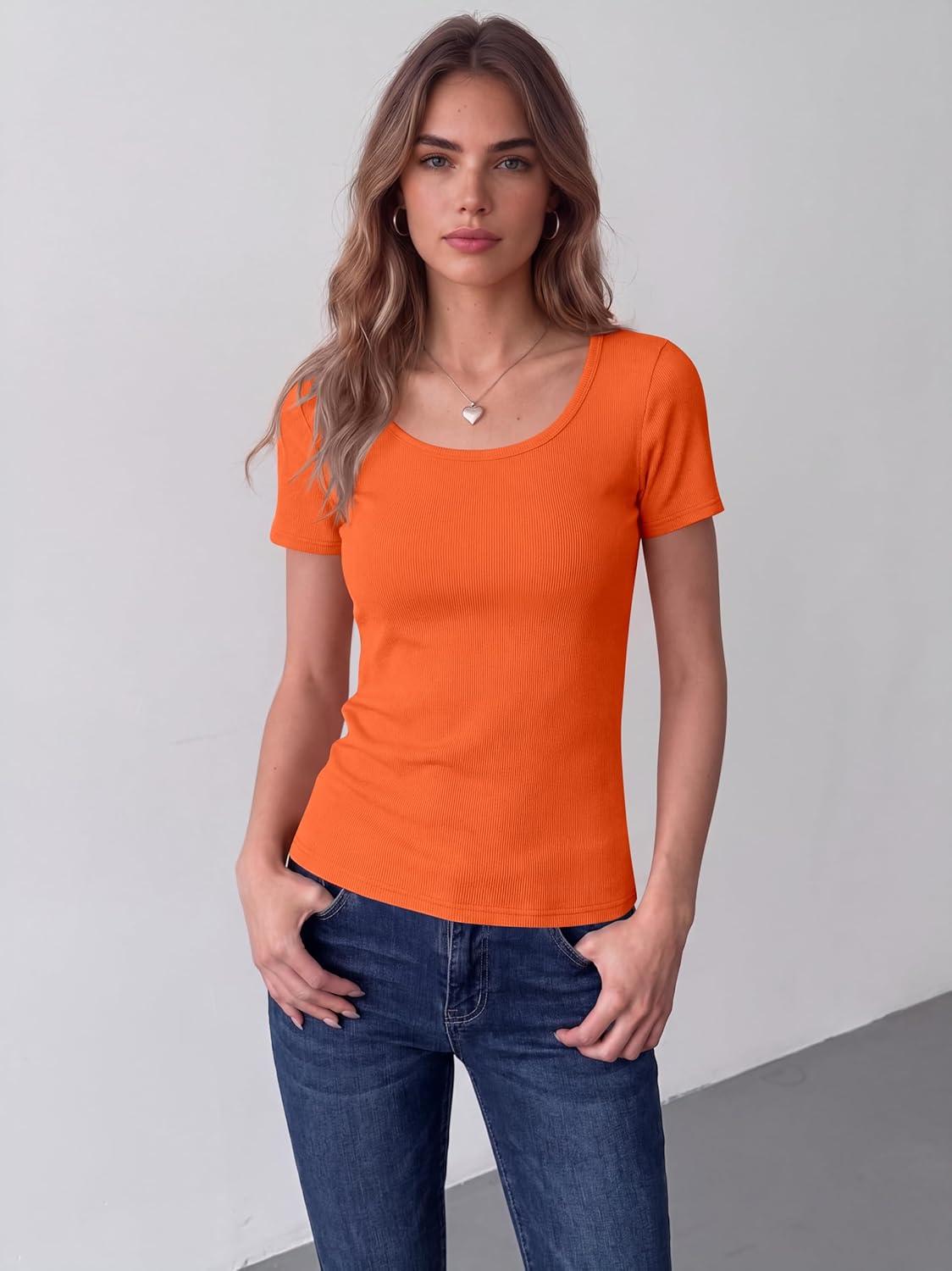 imageZeagoo Womens Tops Short Sleeve Scoop Neck Shirts Ribbed Knit Fitted Basic Tees Casual Summer Work ClothesOrange