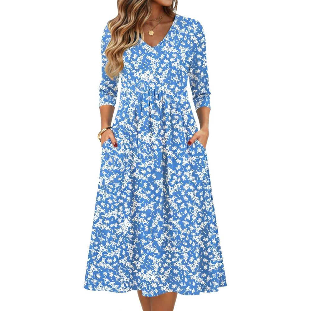imageZeagoo Summer Dresses for Women 2026 34 Sleeve Womens Dress Casual Midi Tshirt Dresses with Pockets SemiFormal SundressBlue Floral Xh41