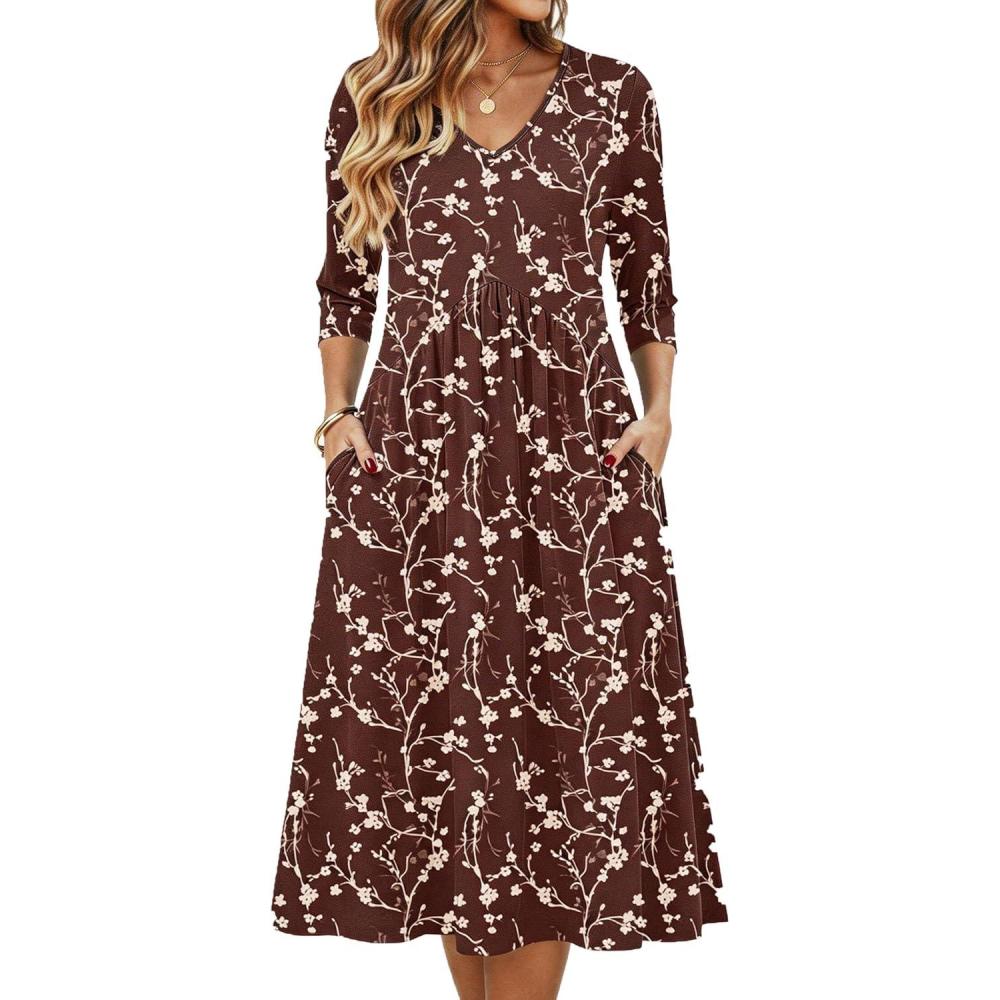 imageZeagoo Summer Dresses for Women 2026 34 Sleeve Womens Dress Casual Midi Tshirt Dresses with Pockets SemiFormal SundressCoffee Floral