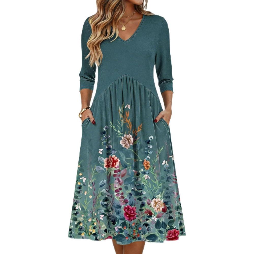 imageZeagoo Summer Dresses for Women 2026 34 Sleeve Womens Dress Casual Midi Tshirt Dresses with Pockets SemiFormal SundressGreen Grey