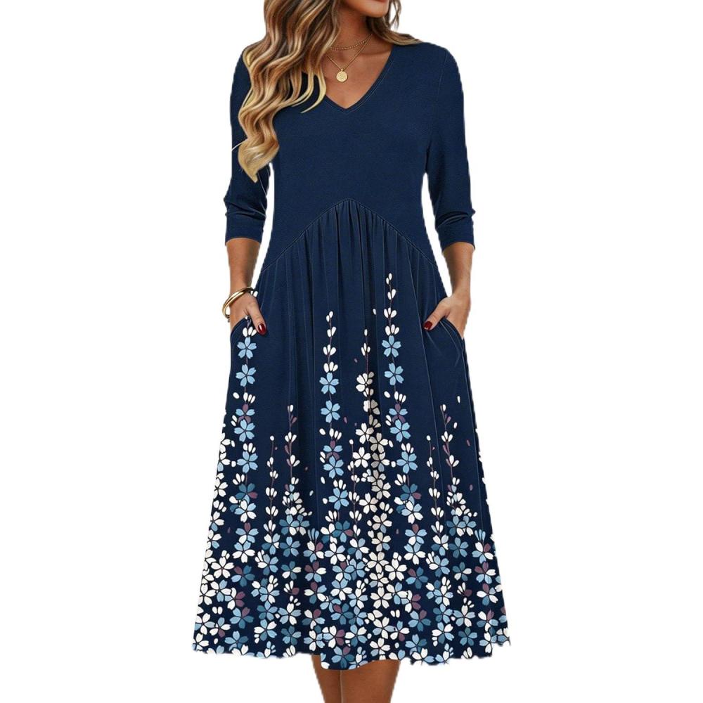 imageZeagoo Summer Dresses for Women 2026 34 Sleeve Womens Dress Casual Midi Tshirt Dresses with Pockets SemiFormal SundressNavy Floral