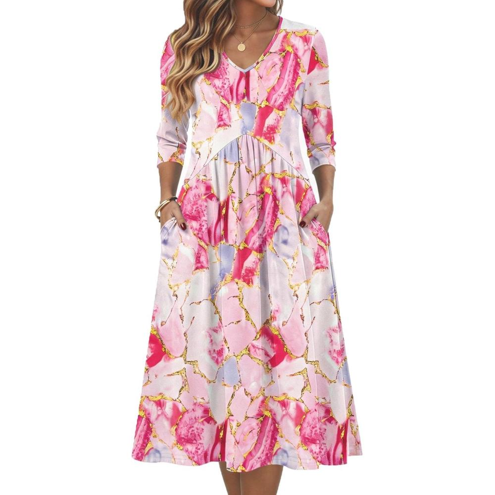imageZeagoo Summer Dresses for Women 2026 34 Sleeve Womens Dress Casual Midi Tshirt Dresses with Pockets SemiFormal SundressPink