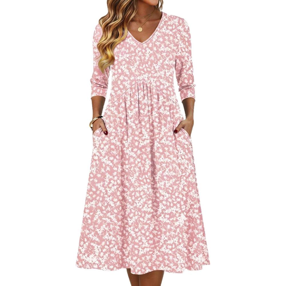imageZeagoo Summer Dresses for Women 2026 34 Sleeve Womens Dress Casual Midi Tshirt Dresses with Pockets SemiFormal SundressPink Floral