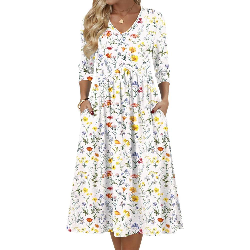 imageZeagoo Summer Dresses for Women 2026 34 Sleeve Womens Dress Casual Midi Tshirt Dresses with Pockets SemiFormal SundressWhite Floral