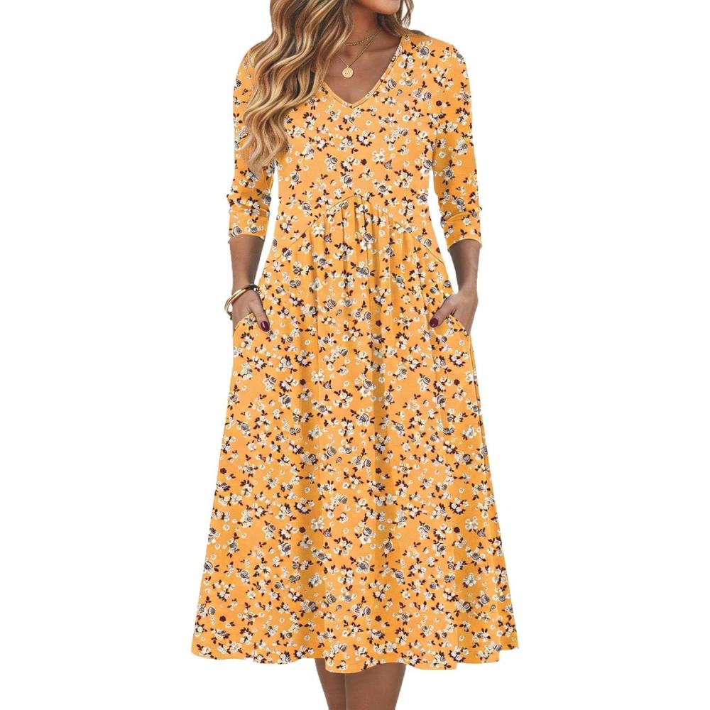 imageZeagoo Summer Dresses for Women 2026 34 Sleeve Womens Dress Casual Midi Tshirt Dresses with Pockets SemiFormal SundressYellow Floral
