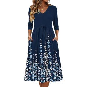 Zeagoo Summer Dresses for Women 2026 3/4 Sleeve Women’s Dress Casual Midi Tshirt Dresses with Pockets Semi-Formal Sundress(Navy Floral)
