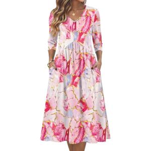 Zeagoo Summer Dresses for Women 2026 3/4 Sleeve Women’s Dress Casual Midi Tshirt Dresses with Pockets Semi-Formal Sundress(Pink)