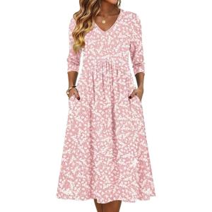 Zeagoo Summer Dresses for Women 2026 3/4 Sleeve Women’s Dress Casual Midi Tshirt Dresses with Pockets Semi-Formal Sundress(Pink Floral)
